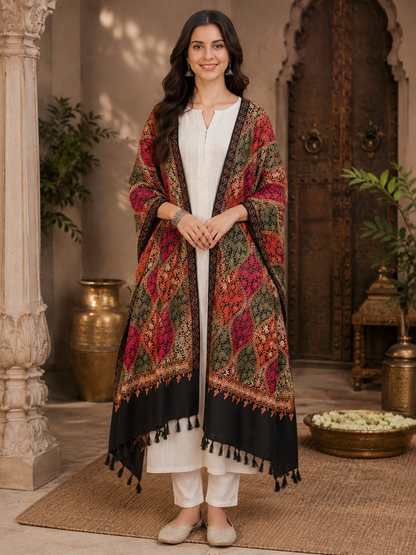 Women's Wool Blend Full Embroidery Matka Shawl