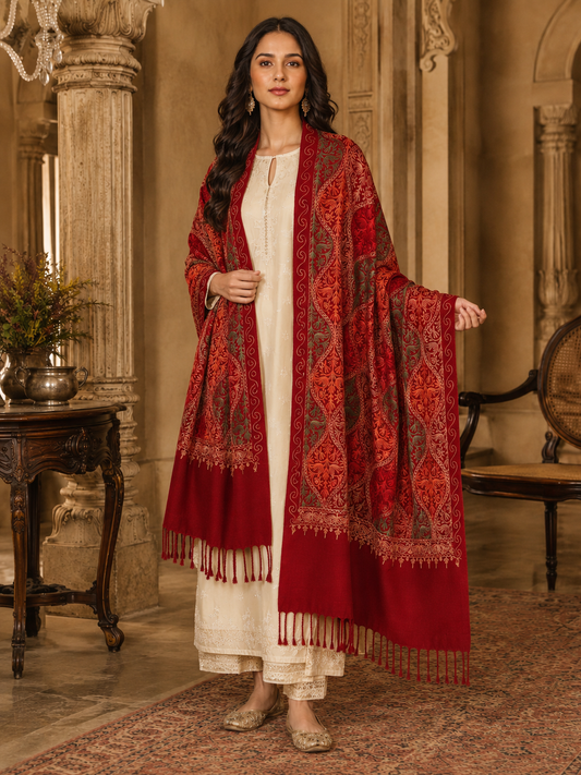 Women's Wool Blend Full Embroidery Matka Shawl