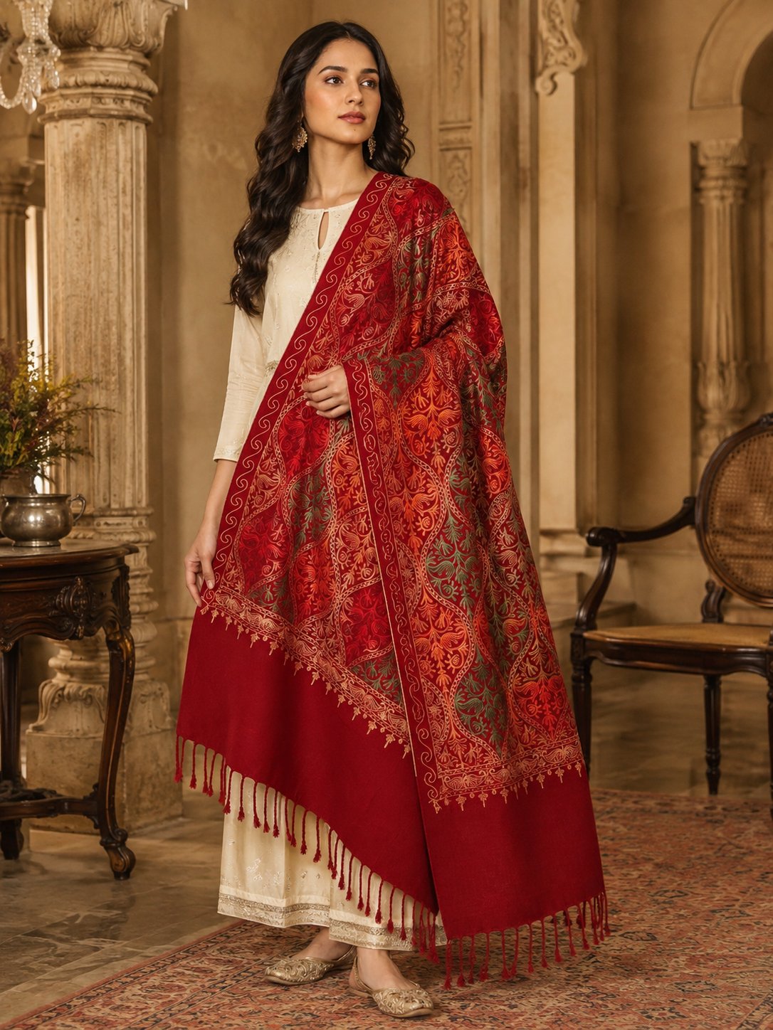 Women's Wool Blend Full Embroidery Matka Shawl