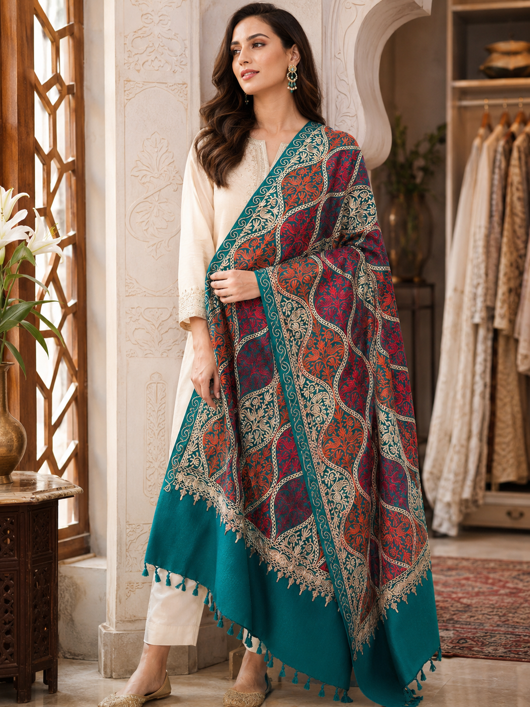 Women's Wool Blend Full Embroidery Matka Shawl