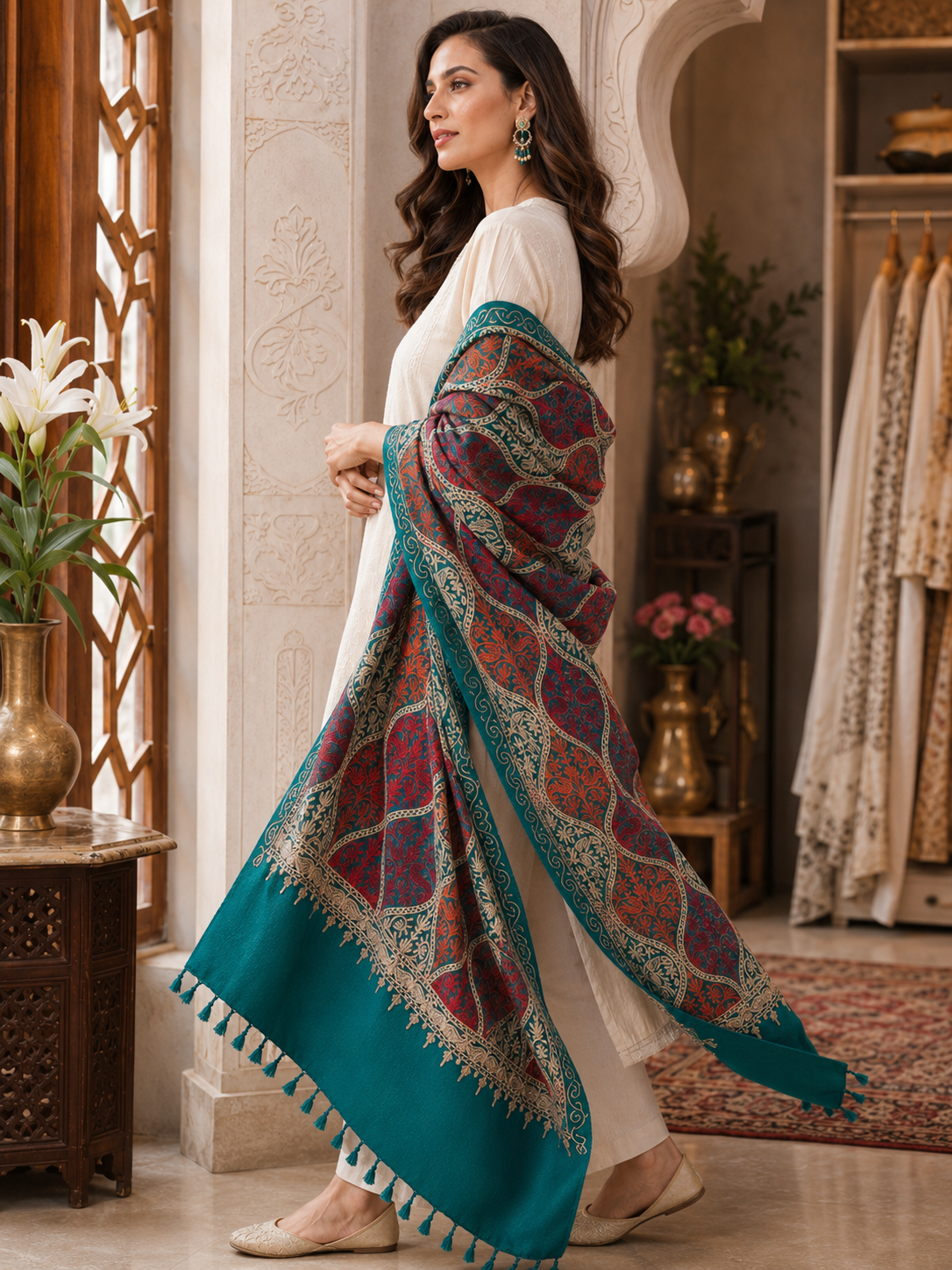 Women's Wool Blend Full Embroidery Matka Shawl