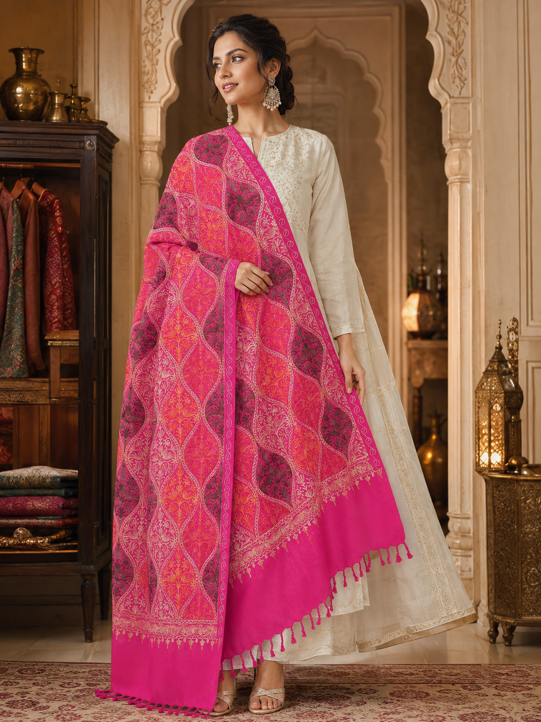 Women's Wool Blend Full Embroidery Matka Shawl