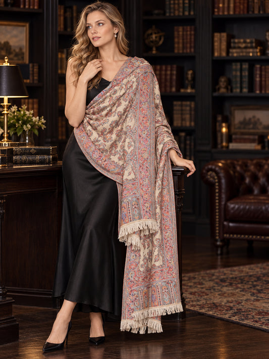 BEIGE Kani shawl — luxury model styling 1 with detailed floral weave and paisley borders | WV-401-BEIGE-1