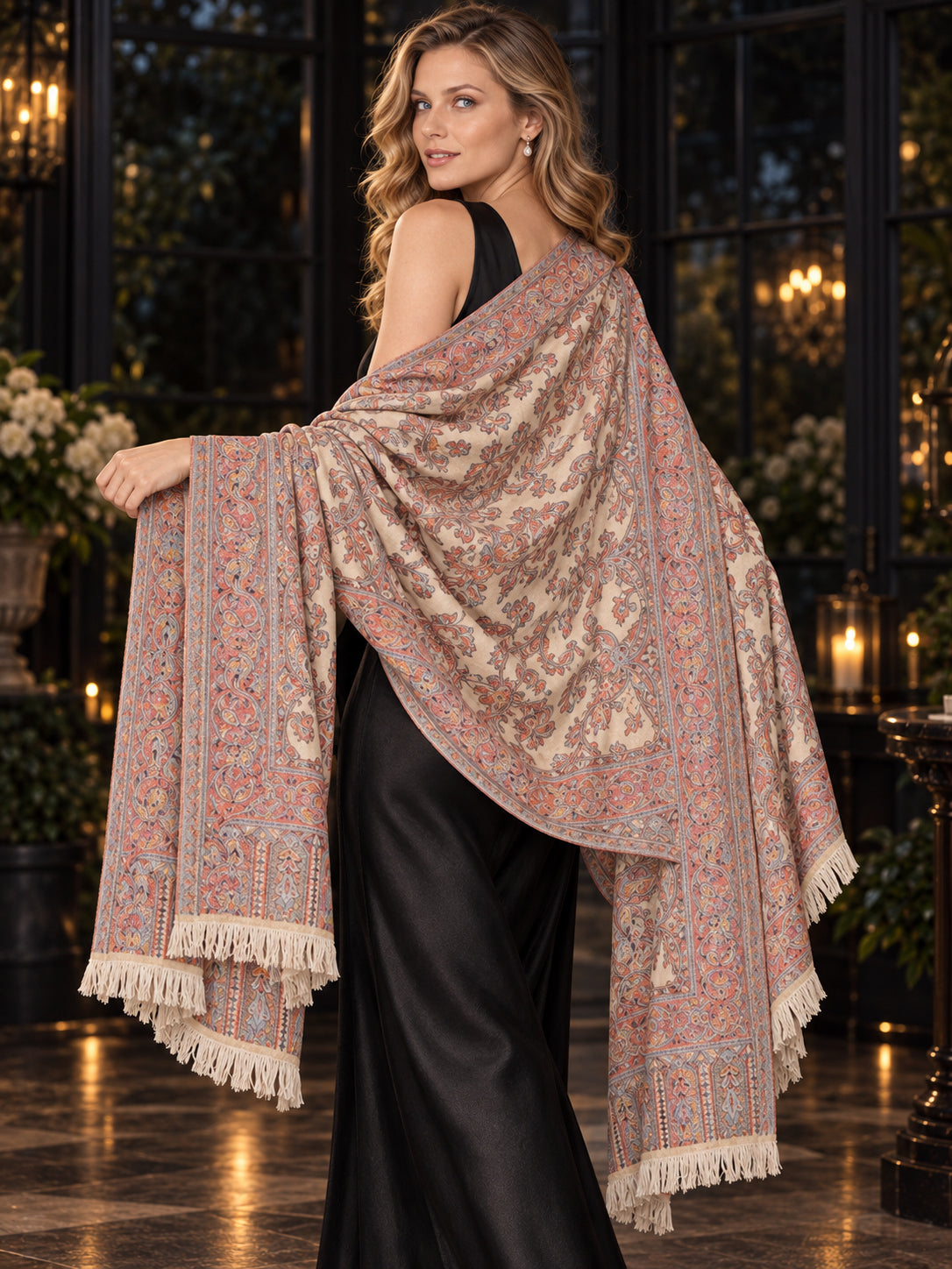 BEIGE Kani shawl — luxury model styling 2 with detailed floral weave and paisley borders | WV-401-BEIGE-2