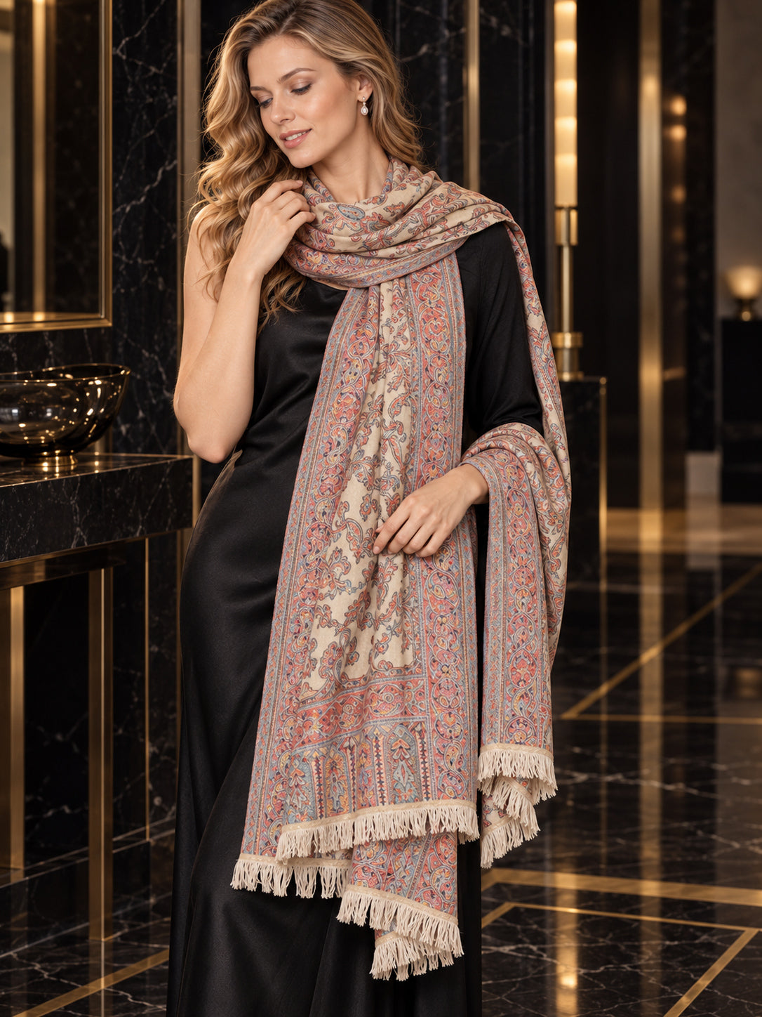 BEIGE Kani shawl — luxury model styling 3 with detailed floral weave and paisley borders | WV-401-BEIGE-3