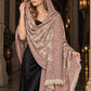 BEIGE Kani shawl — luxury model styling 4 with detailed floral weave and paisley borders | WV-401-BEIGE-4