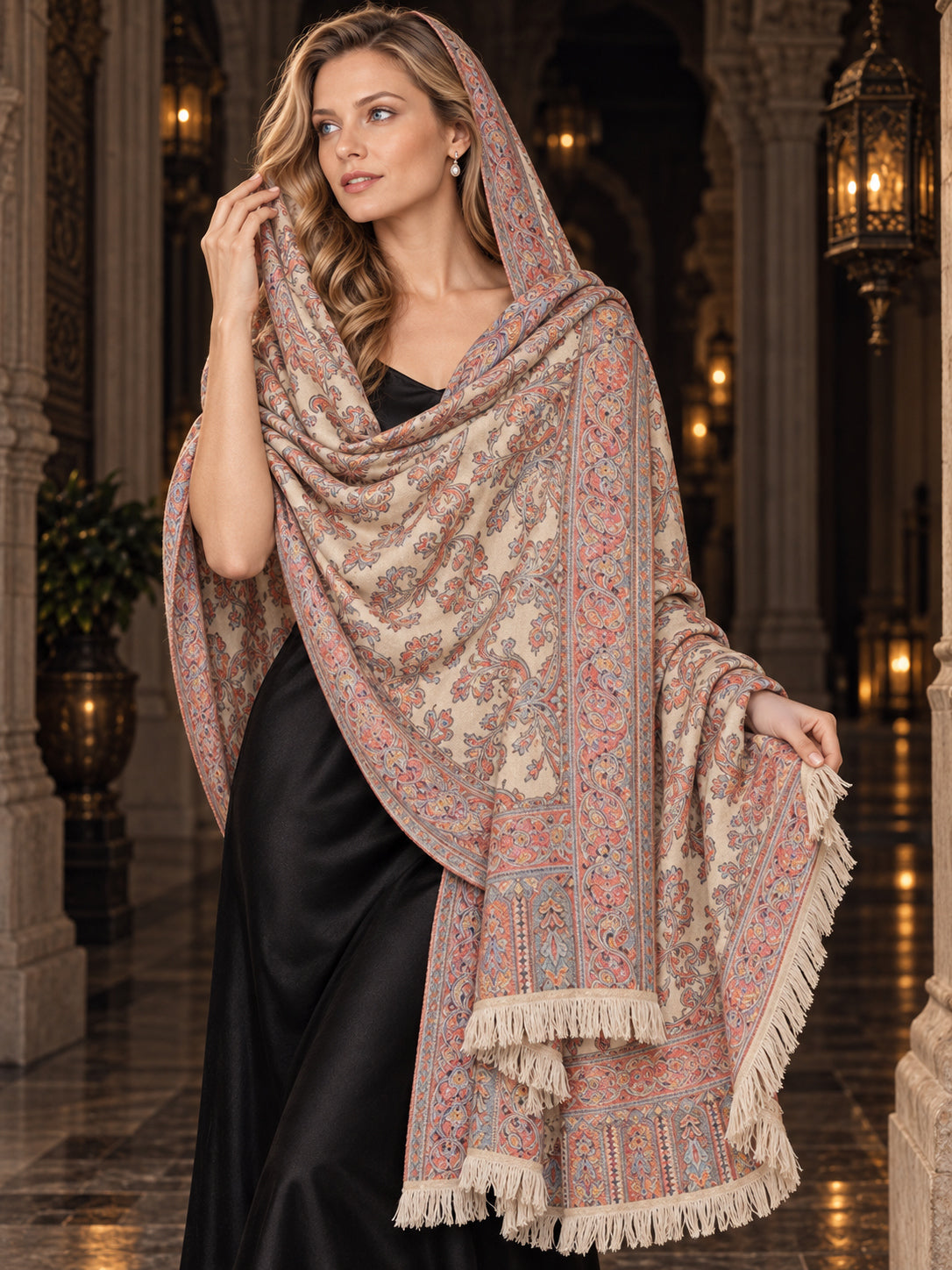 BEIGE Kani shawl — luxury model styling 4 with detailed floral weave and paisley borders | WV-401-BEIGE-4