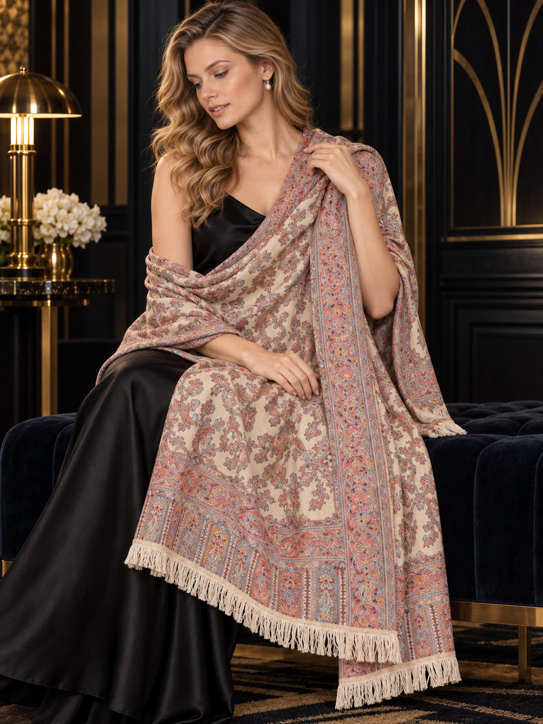 BEIGE Kani shawl — luxury model styling 5 with detailed floral weave and paisley borders | WV-401-BEIGE-5