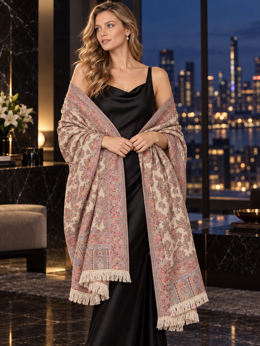 BEIGE Kani shawl — luxury model styling 6 with detailed floral weave and paisley borders | WV-401-BEIGE-6