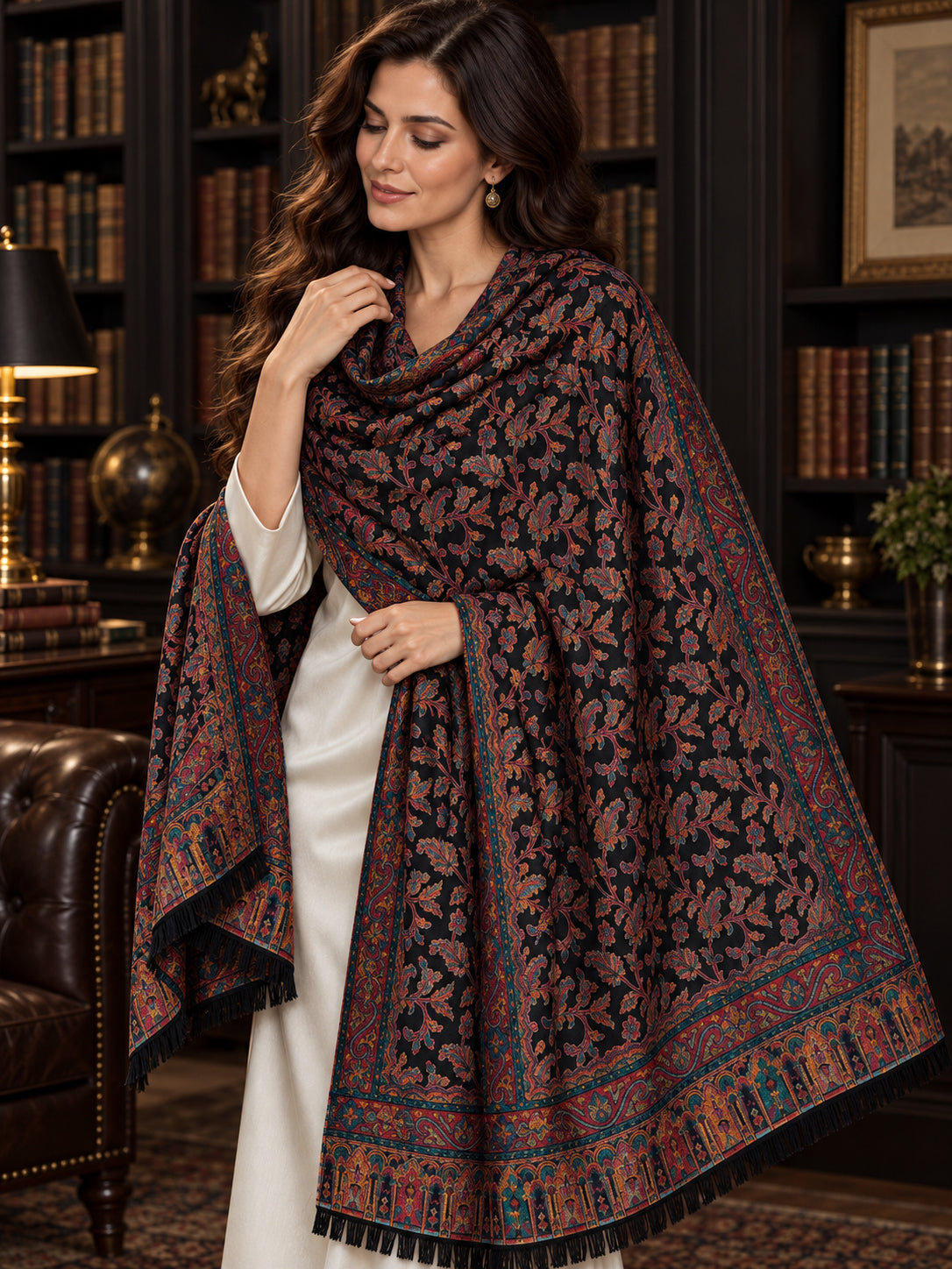 BLACK Kani shawl — luxury model styling 3 with detailed floral weave and paisley borders | WV-401-BLACK-3