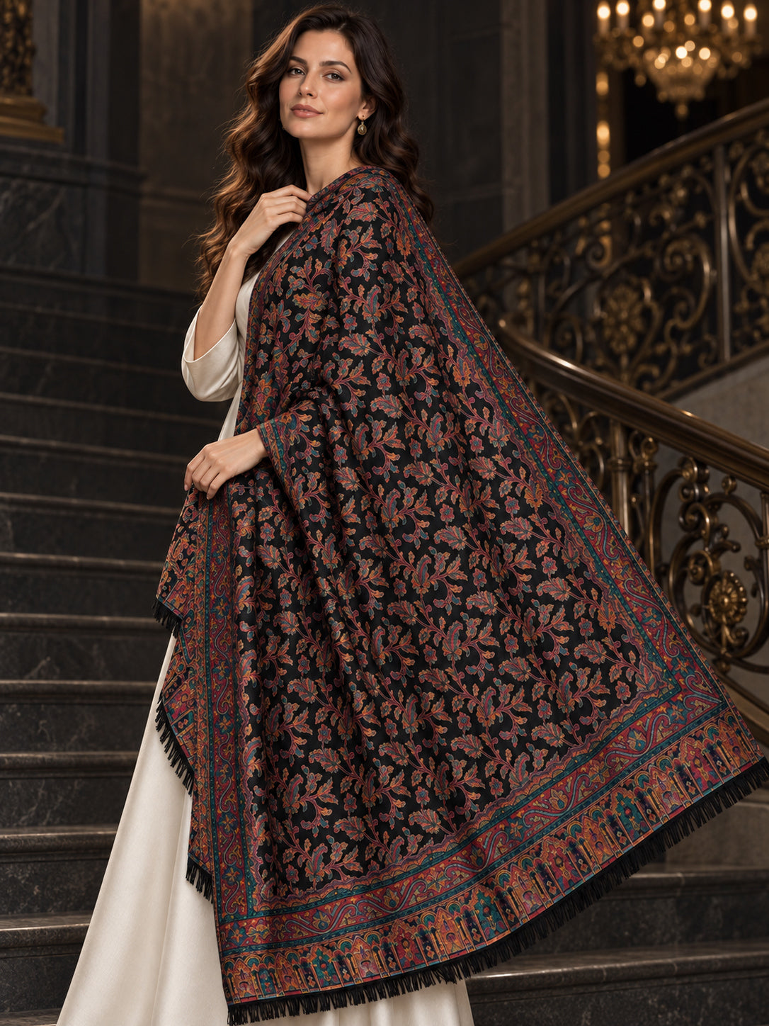 BLACK Kani shawl — luxury model styling 4 with detailed floral weave and paisley borders | WV-401-BLACK-4