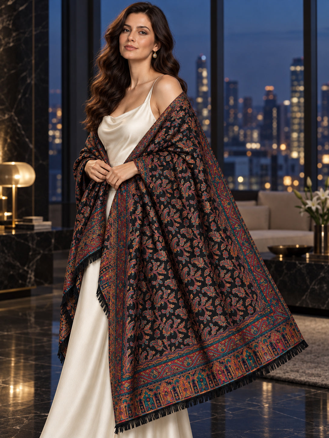 BLACK Kani shawl — luxury model styling 5 with detailed floral weave and paisley borders | WV-401-BLACK-5