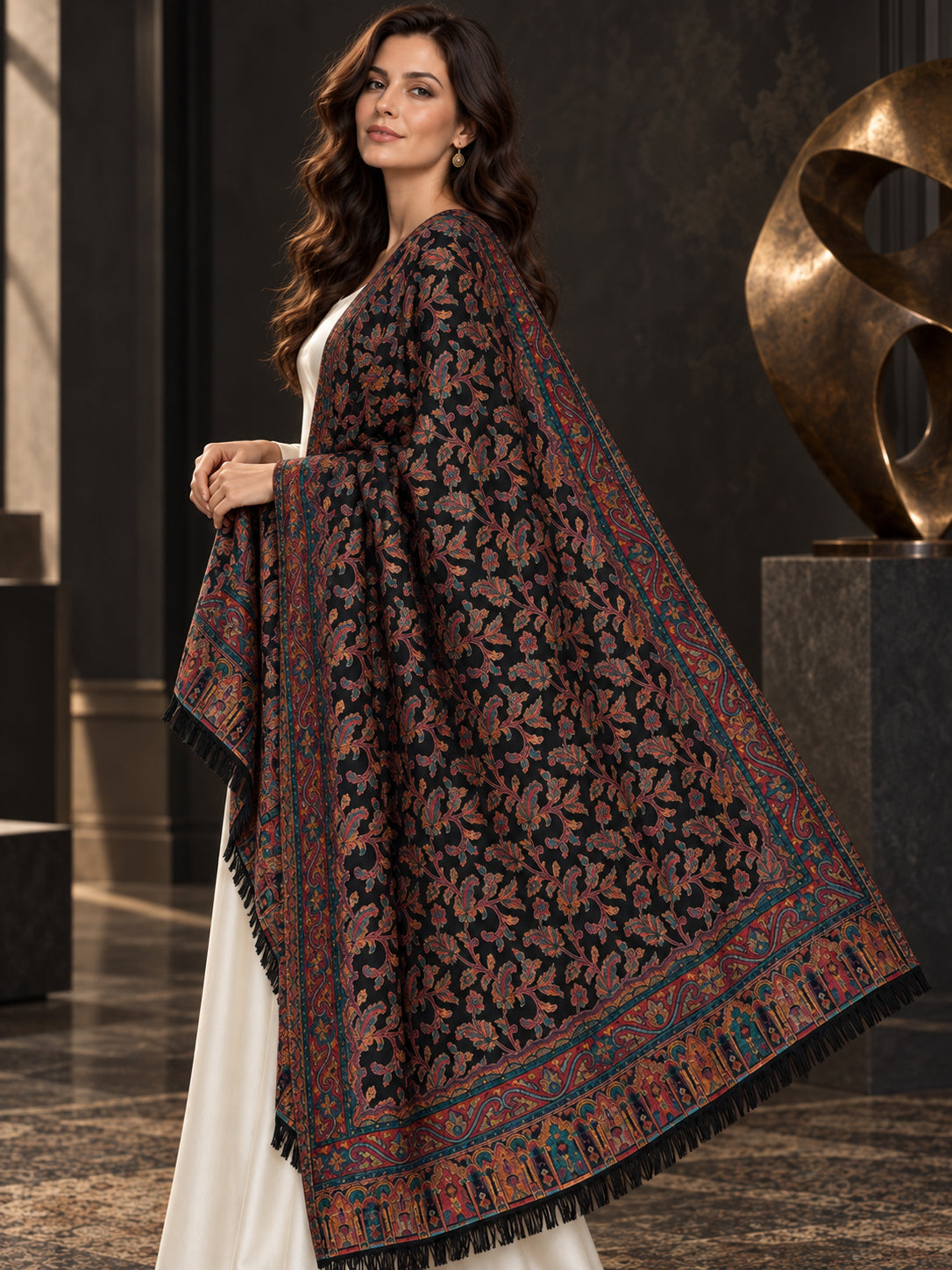 BLACK Kani shawl — luxury model styling 6 with detailed floral weave and paisley borders | WV-401-BLACK-6