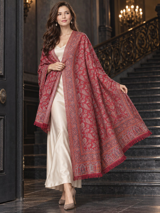MAROON Kani shawl — luxury model styling 1 with detailed floral weave and paisley borders | WV-401-MAROON-1