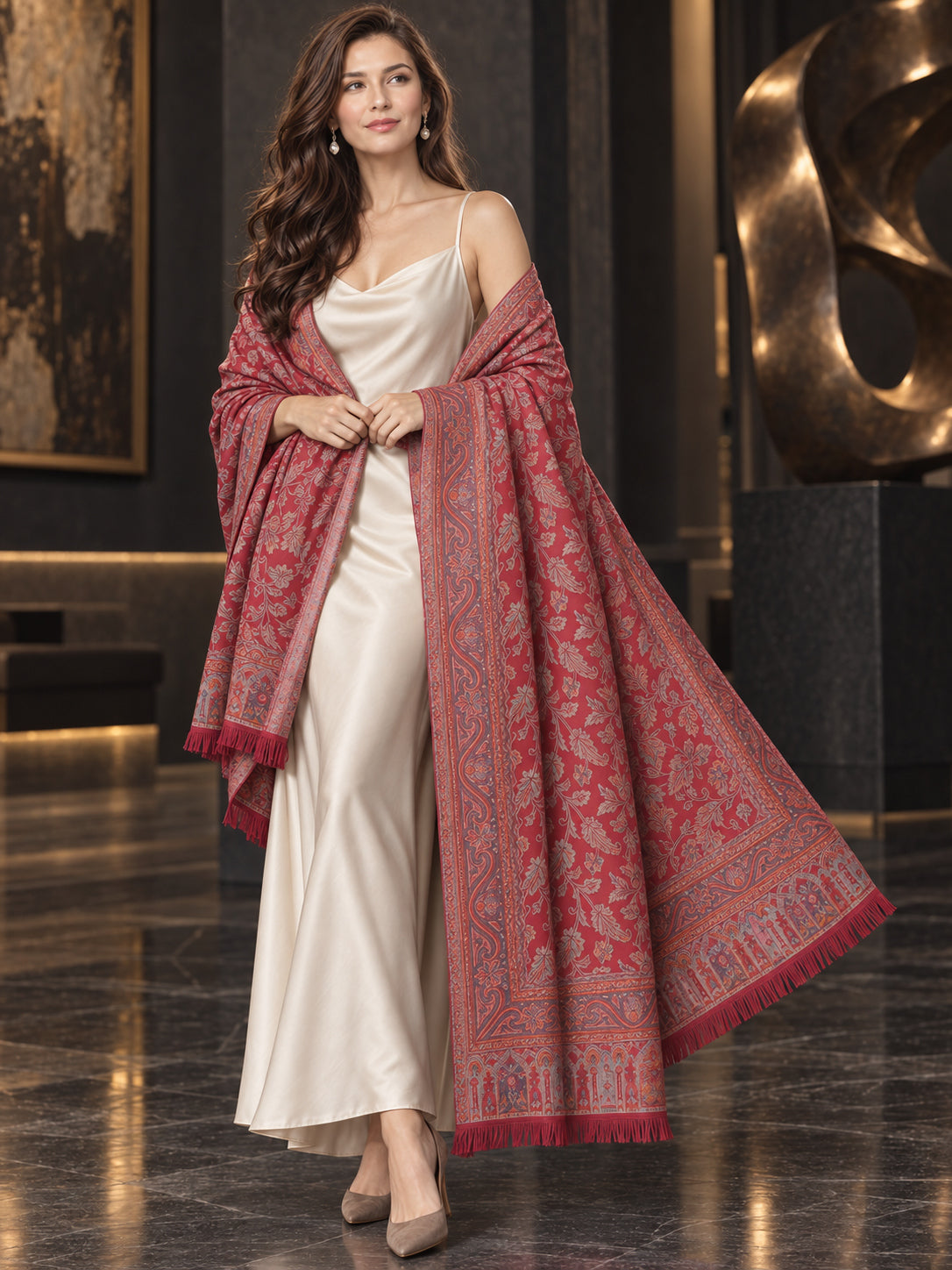 MAROON Kani shawl — luxury model styling 2 with detailed floral weave and paisley borders | WV-401-MAROON-2