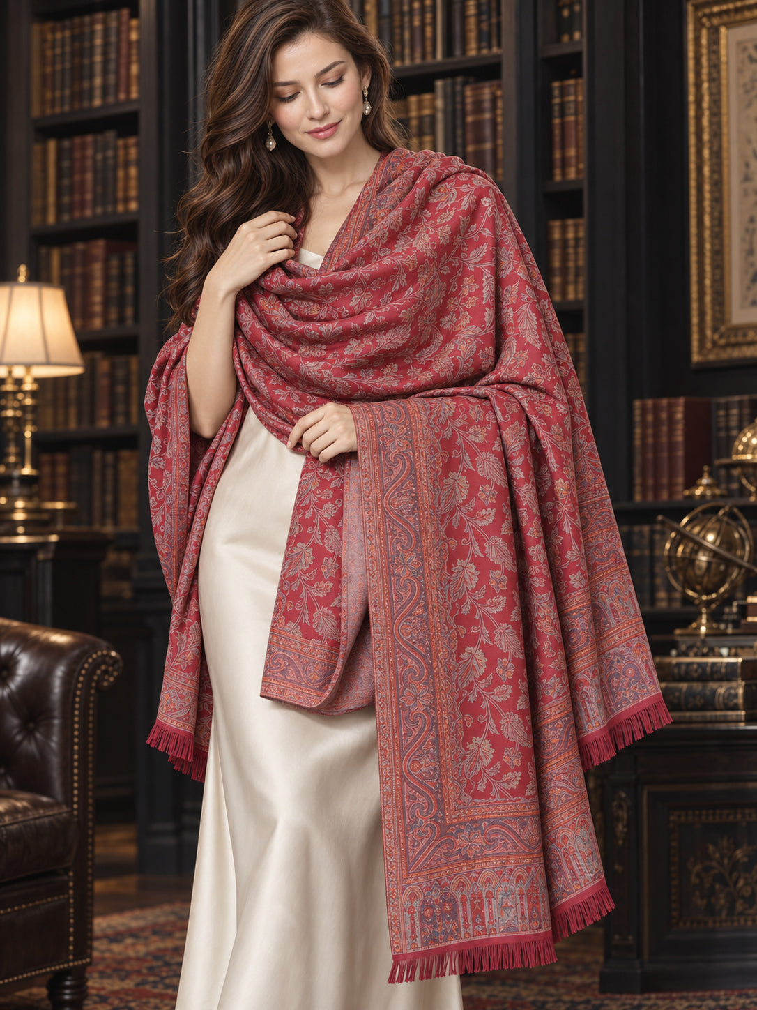 MAROON Kani shawl — luxury model styling 3 with detailed floral weave and paisley borders | WV-401-MAROON-3