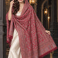 MAROON Kani shawl — luxury model styling 4 with detailed floral weave and paisley borders | WV-401-MAROON-4