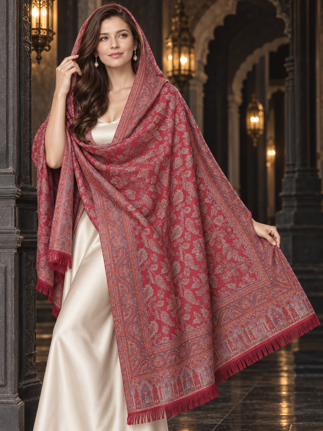 MAROON Kani shawl — luxury model styling 4 with detailed floral weave and paisley borders | WV-401-MAROON-4