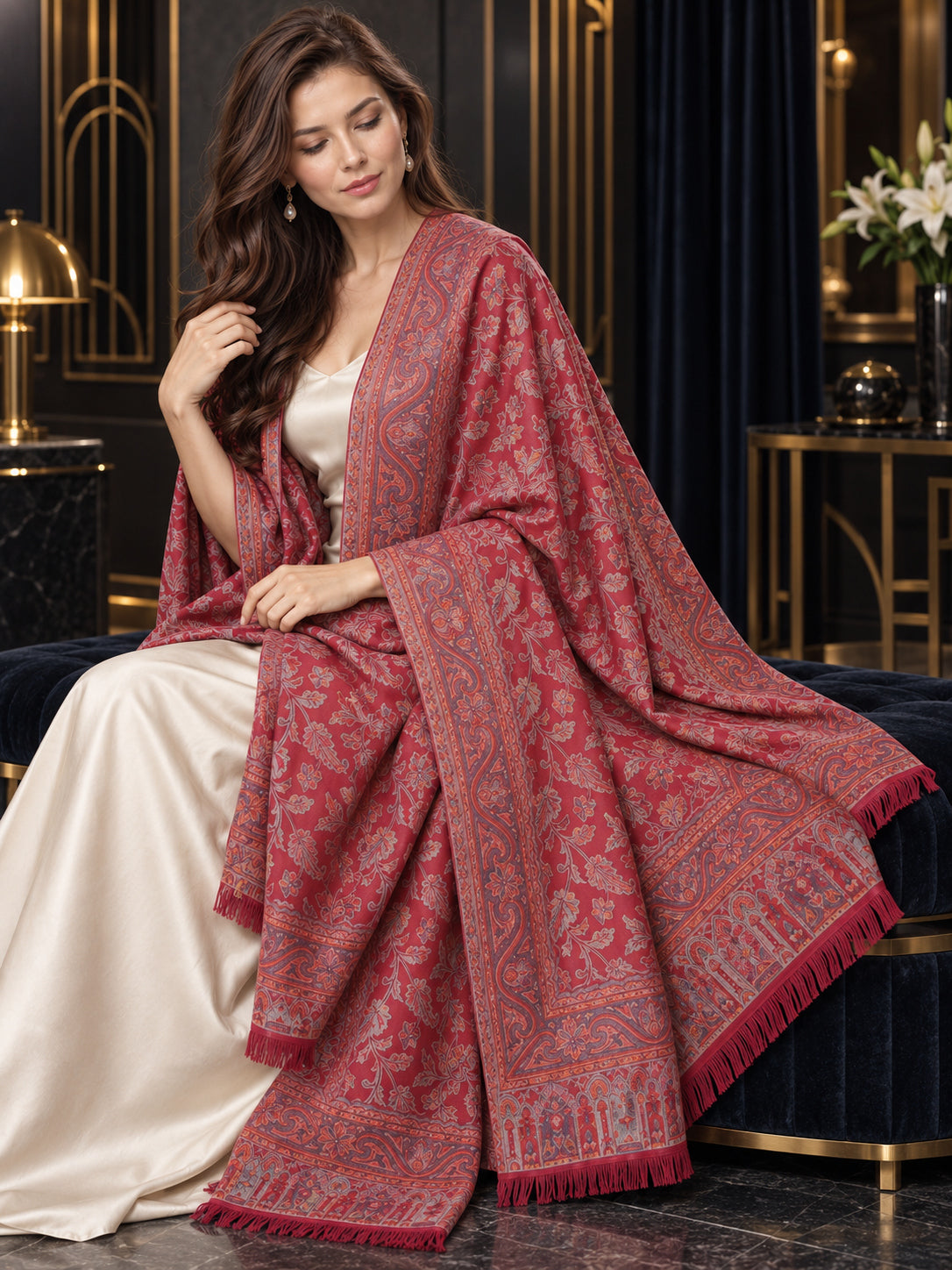 MAROON Kani shawl — luxury model styling 5 with detailed floral weave and paisley borders | WV-401-MAROON-5