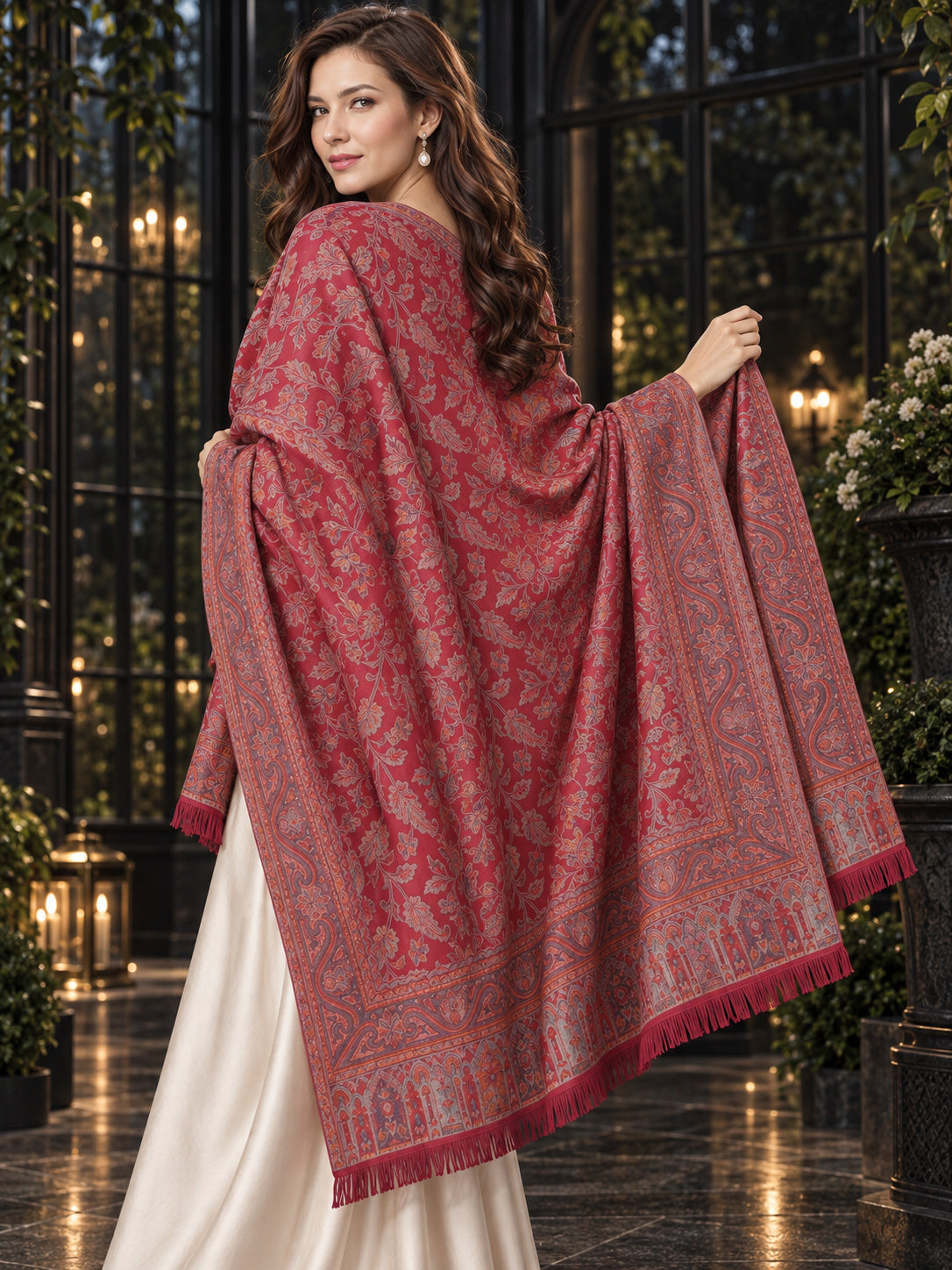 MAROON Kani shawl — luxury model styling 6 with detailed floral weave and paisley borders | WV-401-MAROON-6