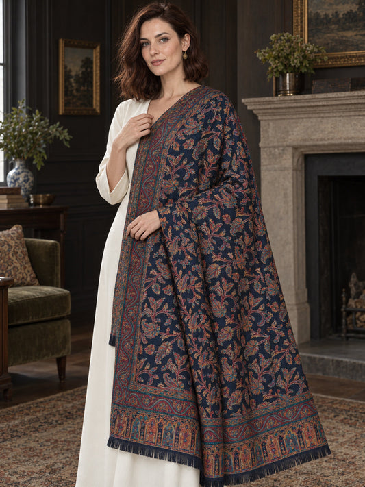Navy Blue Kani shawl — one-shoulder drape in a dark townhouse interior | WV-401-NAVYBLUE-1
