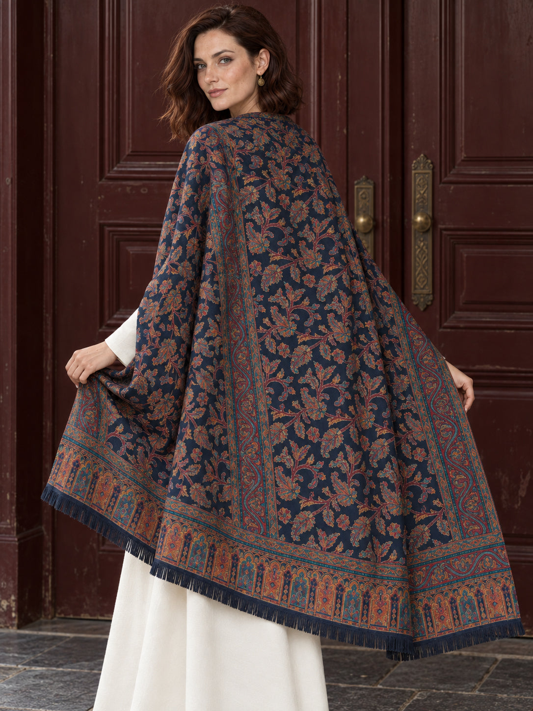 Navy Blue Kani shawl — back drape at heritage doors | WV-401-NAVYBLUE-3