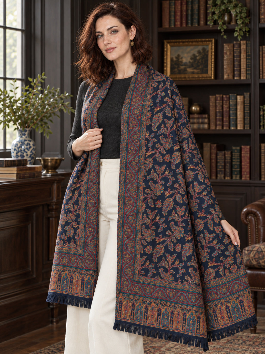 Navy Blue Kani shawl — long stole styling in a private library | WV-401-NAVYBLUE-5