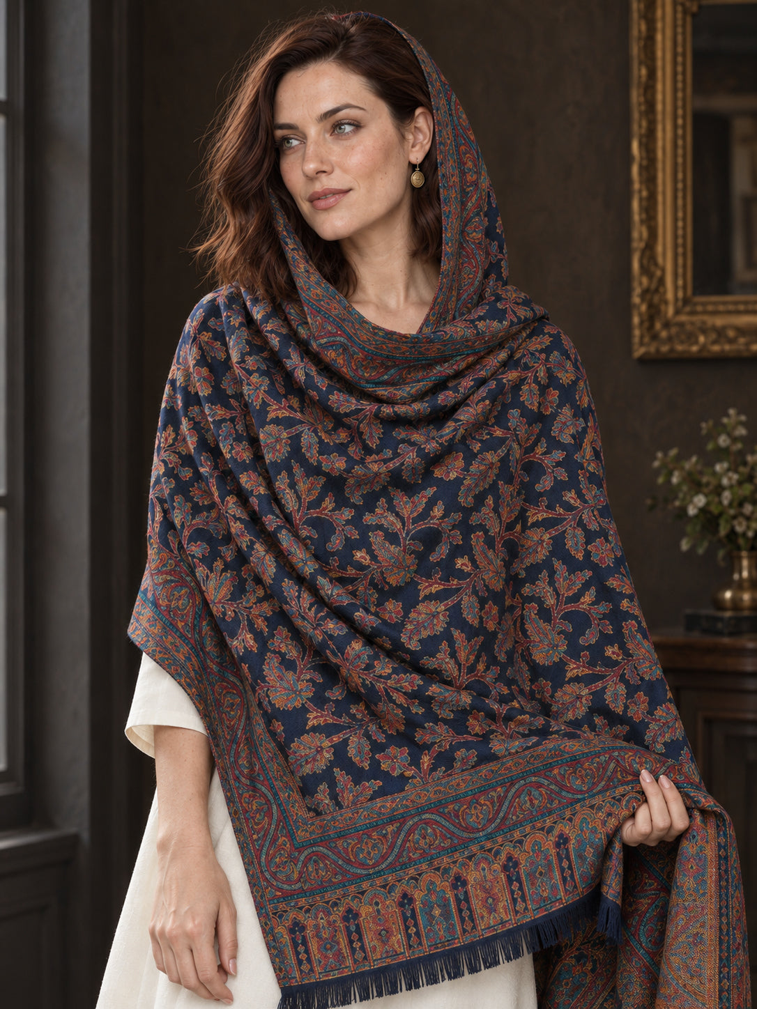 Navy Blue Kani shawl — close-up hood wrap showing floral weave and borders | WV-401-NAVYBLUE-6