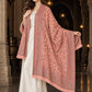 PEACH Kani shawl — luxury model styling 1 with detailed floral weave and paisley borders | WV-401-PEACH-1