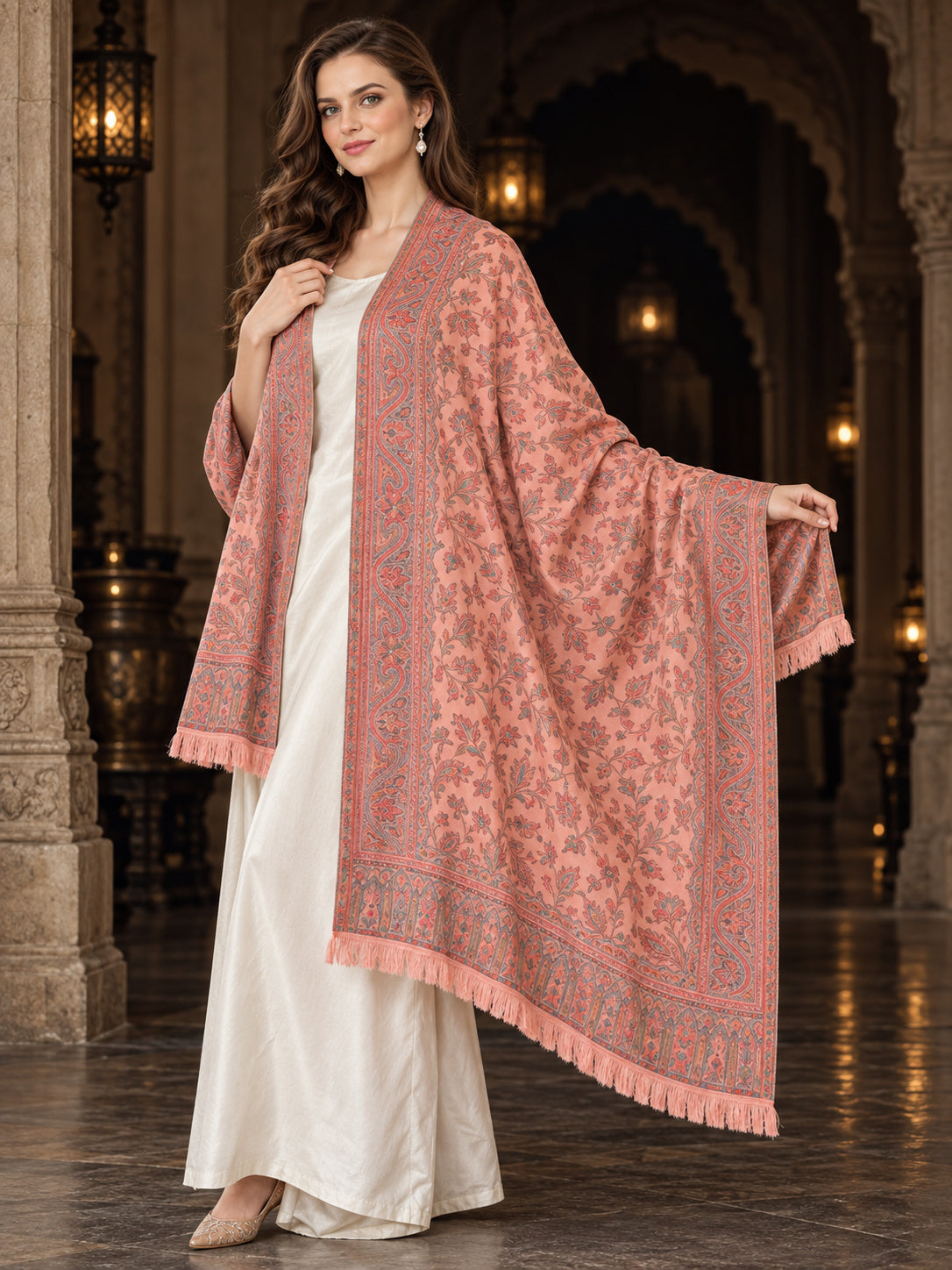 PEACH Kani shawl — luxury model styling 1 with detailed floral weave and paisley borders | WV-401-PEACH-1