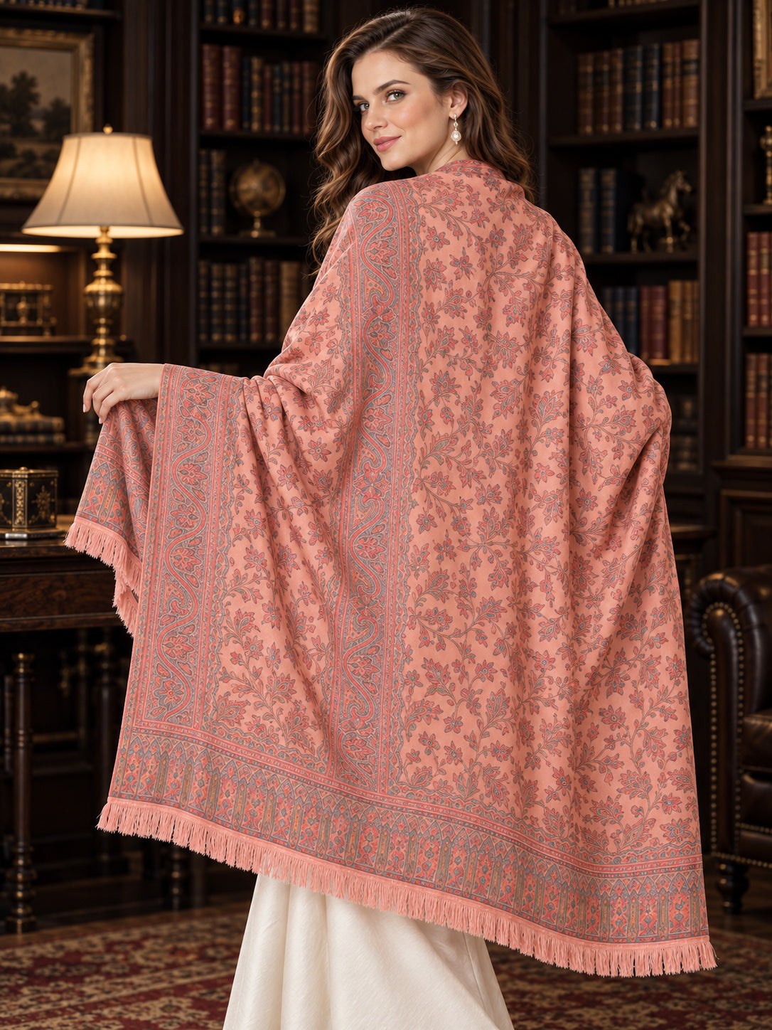 PEACH Kani shawl — luxury model styling 2 with detailed floral weave and paisley borders | WV-401-PEACH-2