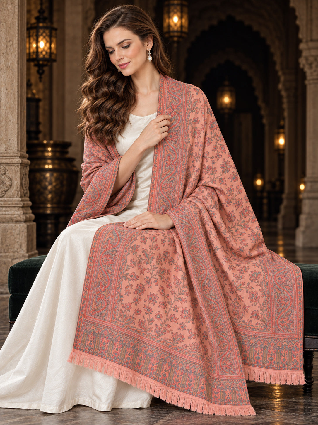 PEACH Kani shawl — luxury model styling 3 with detailed floral weave and paisley borders | WV-401-PEACH-3