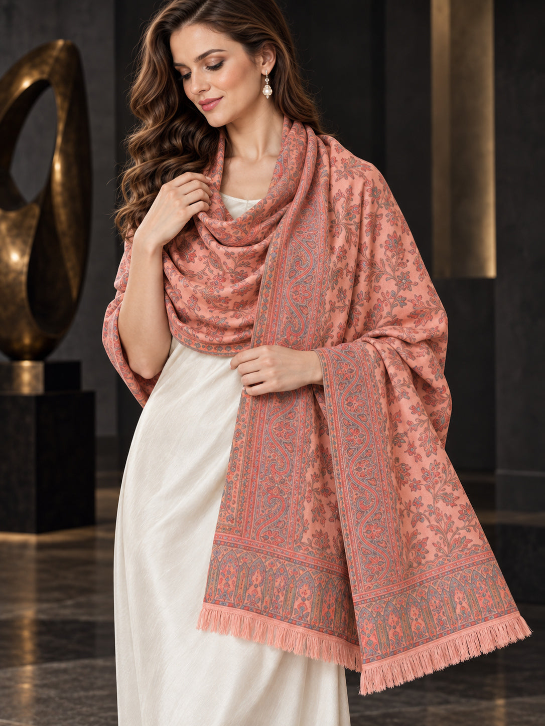 PEACH Kani shawl — luxury model styling 4 with detailed floral weave and paisley borders | WV-401-PEACH-4