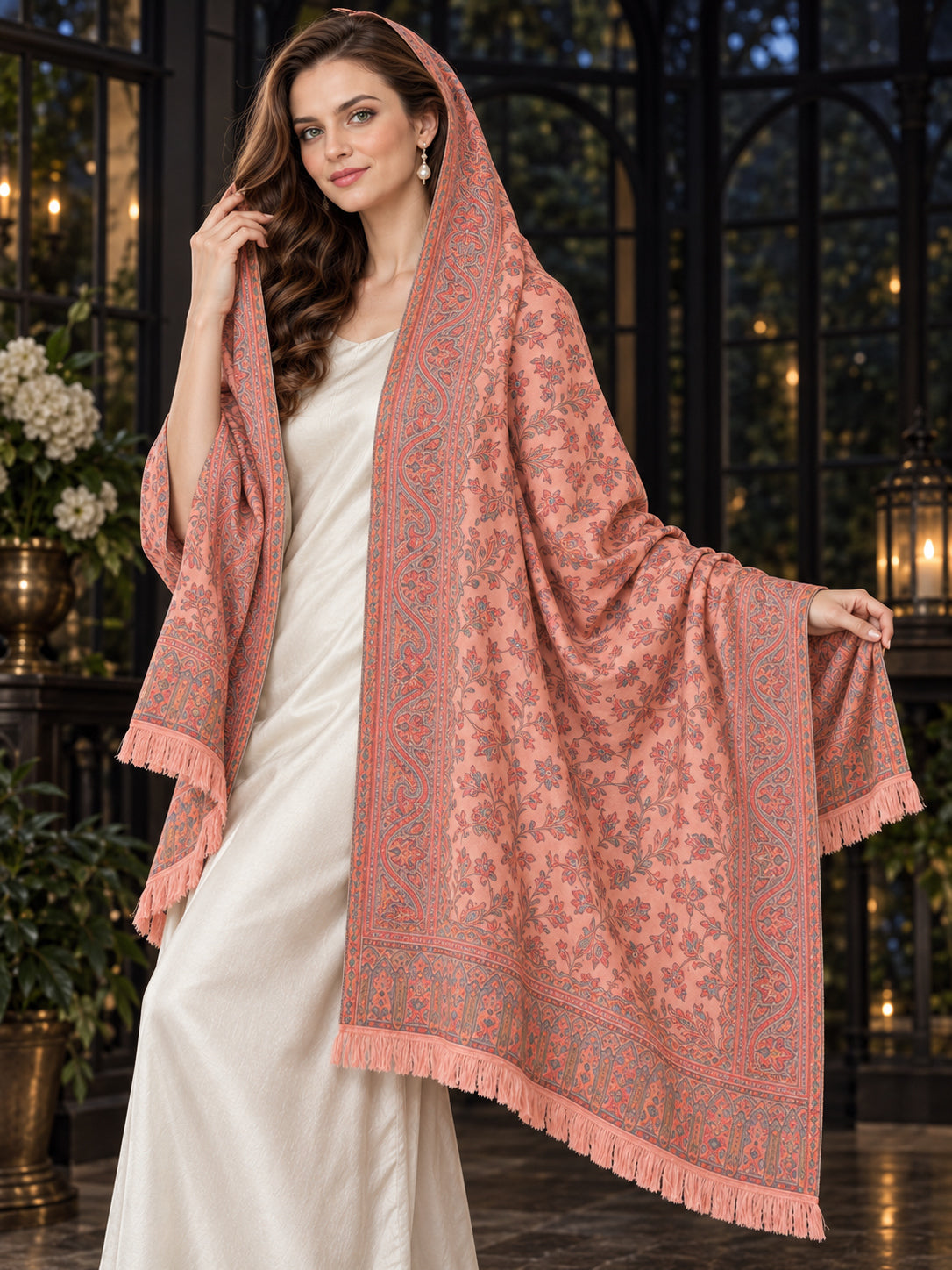 PEACH Kani shawl — luxury model styling 5 with detailed floral weave and paisley borders | WV-401-PEACH-5