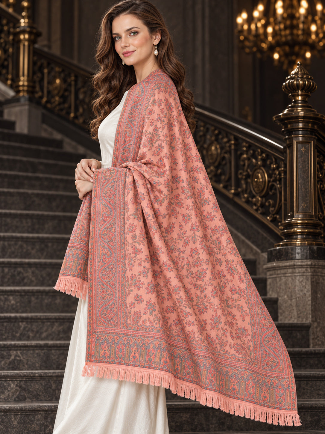 PEACH Kani shawl — luxury model styling 6 with detailed floral weave and paisley borders | WV-401-PEACH-6