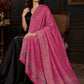 PINK Kani shawl — luxury model styling 1 with detailed floral weave and paisley borders | WV-401-RANI-1