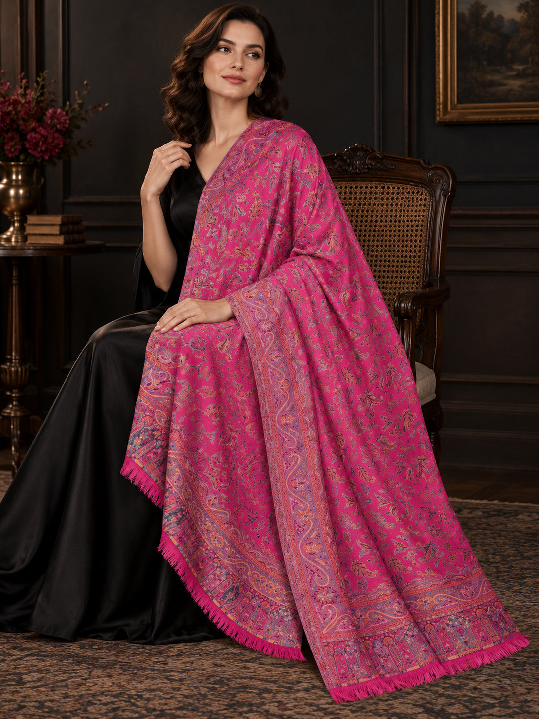 PINK Kani shawl — luxury model styling 1 with detailed floral weave and paisley borders | WV-401-RANI-1