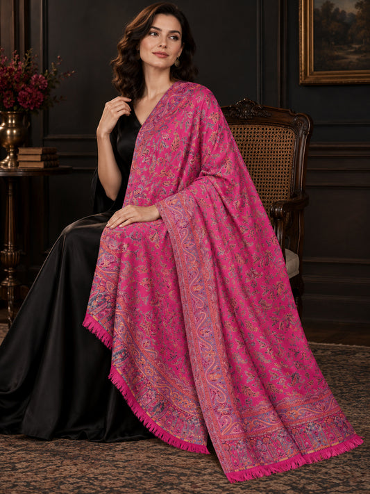 PINK Kani shawl — luxury model styling 1 with detailed floral weave and paisley borders | WV-401-RANI-1