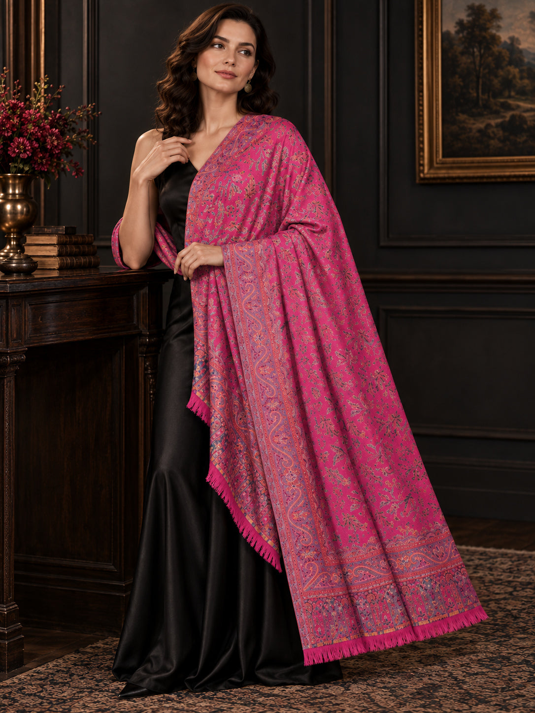 PINK Kani shawl — luxury model styling 2 with detailed floral weave and paisley borders | WV-401-RANI-2