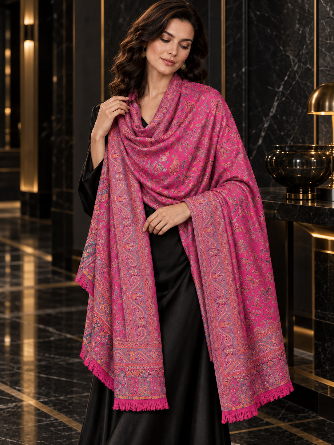 PINK Kani shawl — luxury model styling 3 with detailed floral weave and paisley borders | WV-401-RANI-3