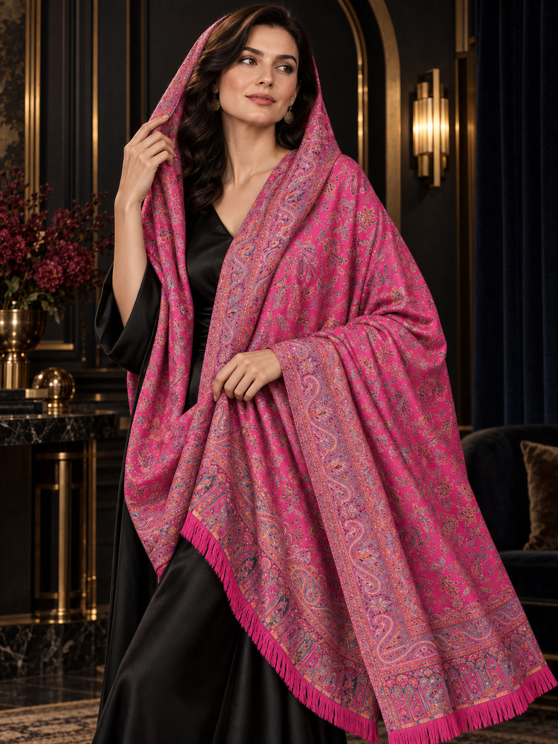 PINK Kani shawl — luxury model styling 4 with detailed floral weave and paisley borders | WV-401-RANI-4