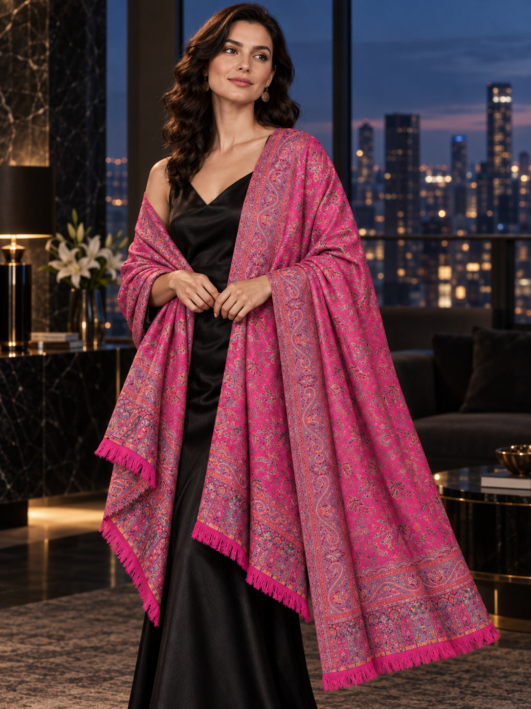 PINK Kani shawl — luxury model styling 5 with detailed floral weave and paisley borders | WV-401-RANI-5