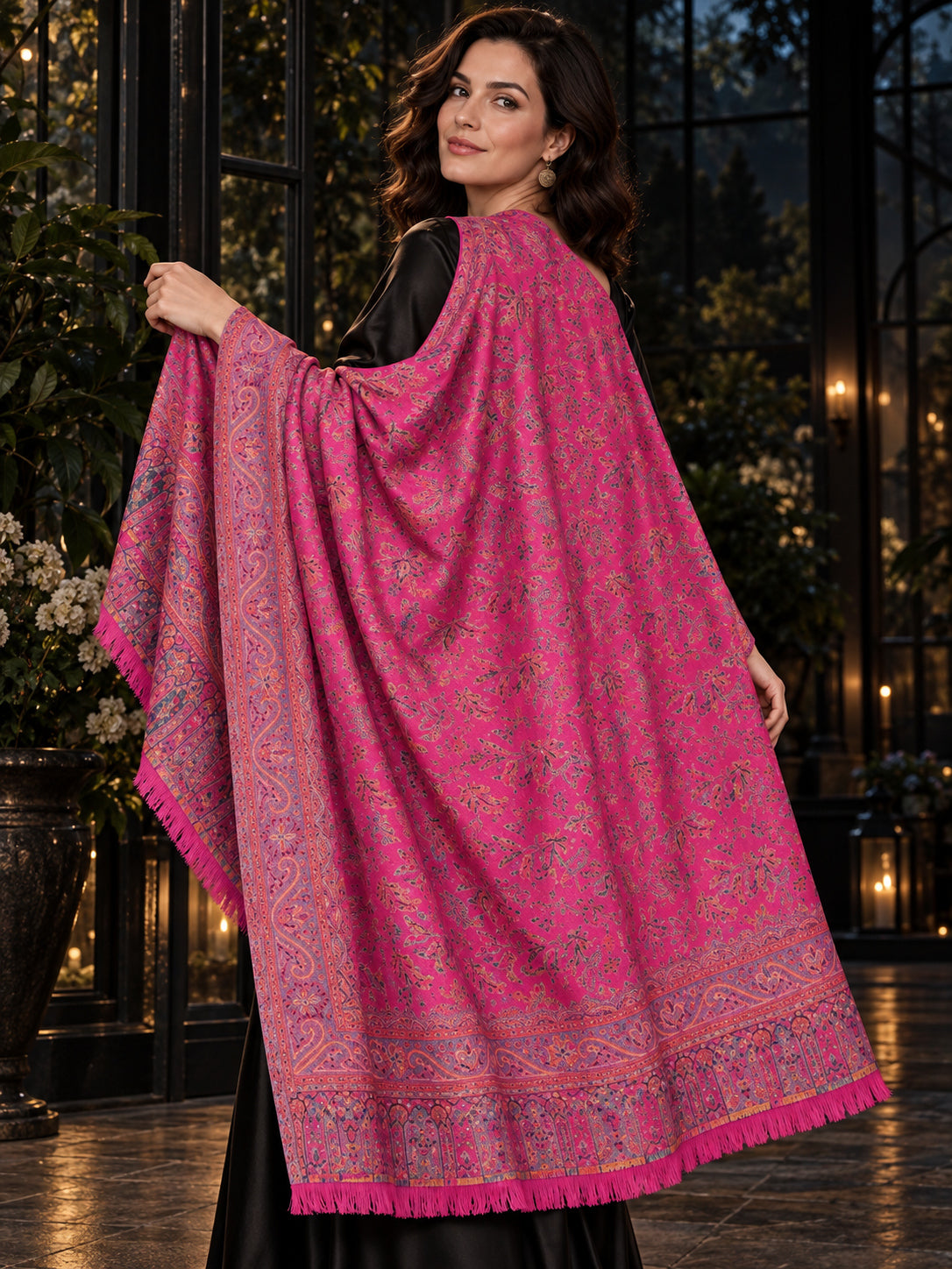 PINK Kani shawl — luxury model styling 6 with detailed floral weave and paisley borders | WV-401-RANI-6