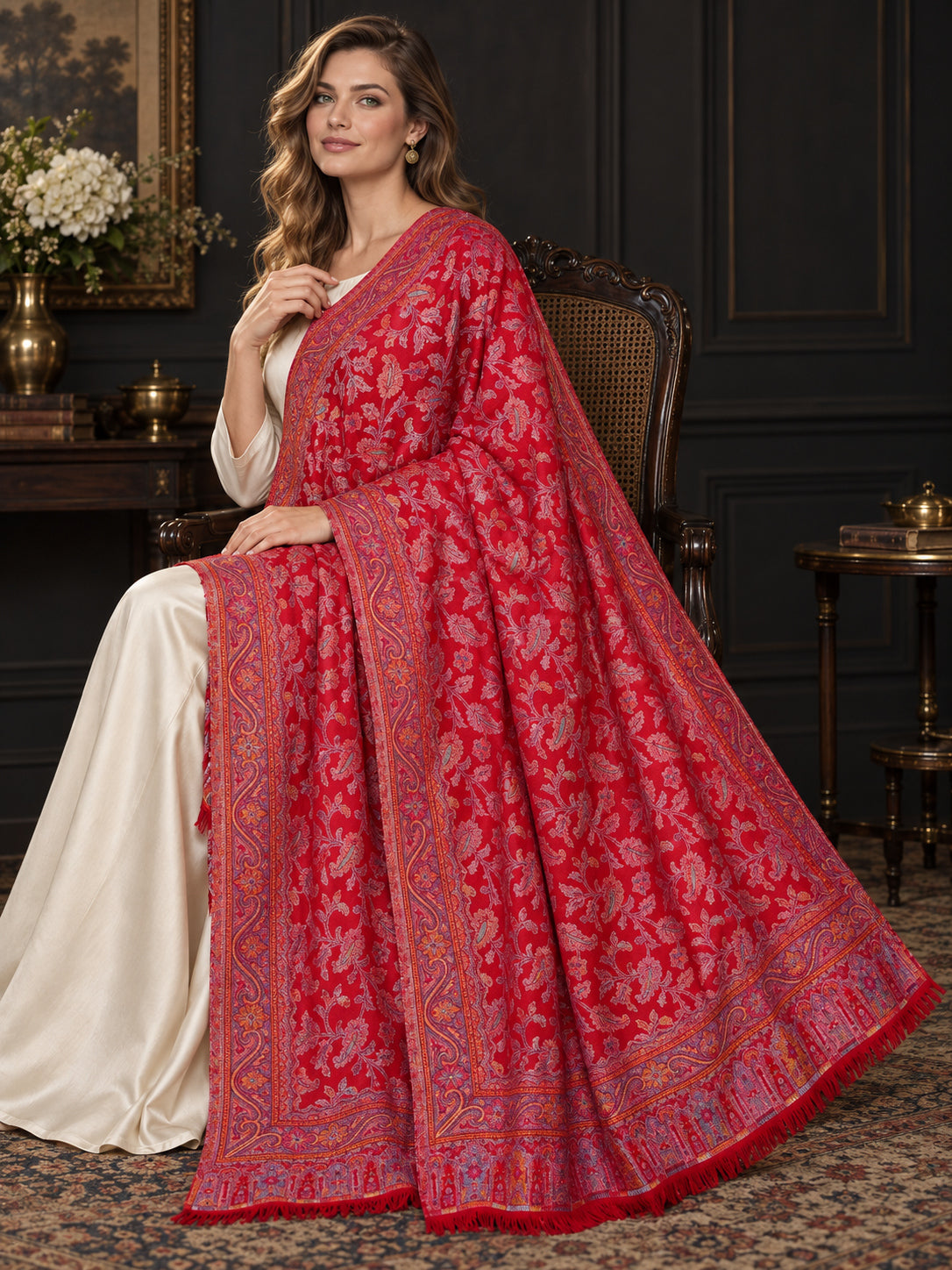 RED Kani shawl — luxury model styling 1 with detailed floral weave and paisley borders | WV-401-RED-1