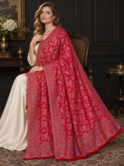 RED Kani shawl — luxury model styling 1 with detailed floral weave and paisley borders | WV-401-RED-1