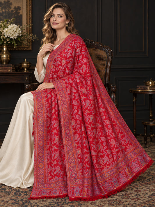 RED Kani shawl — luxury model styling 1 with detailed floral weave and paisley borders | WV-401-RED-1
