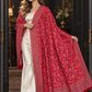RED Kani shawl — luxury model styling 2 with detailed floral weave and paisley borders | WV-401-RED-2