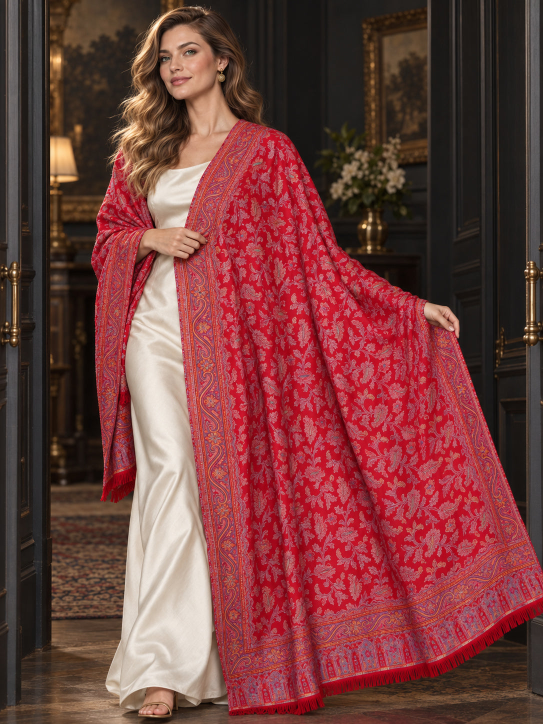 RED Kani shawl — luxury model styling 2 with detailed floral weave and paisley borders | WV-401-RED-2