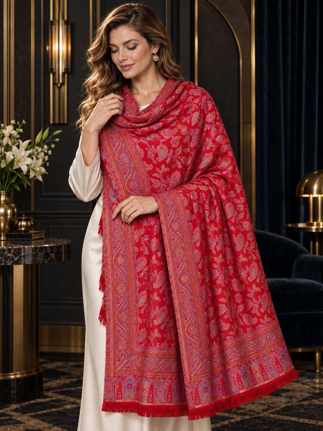 RED Kani shawl — luxury model styling 3 with detailed floral weave and paisley borders | WV-401-RED-3