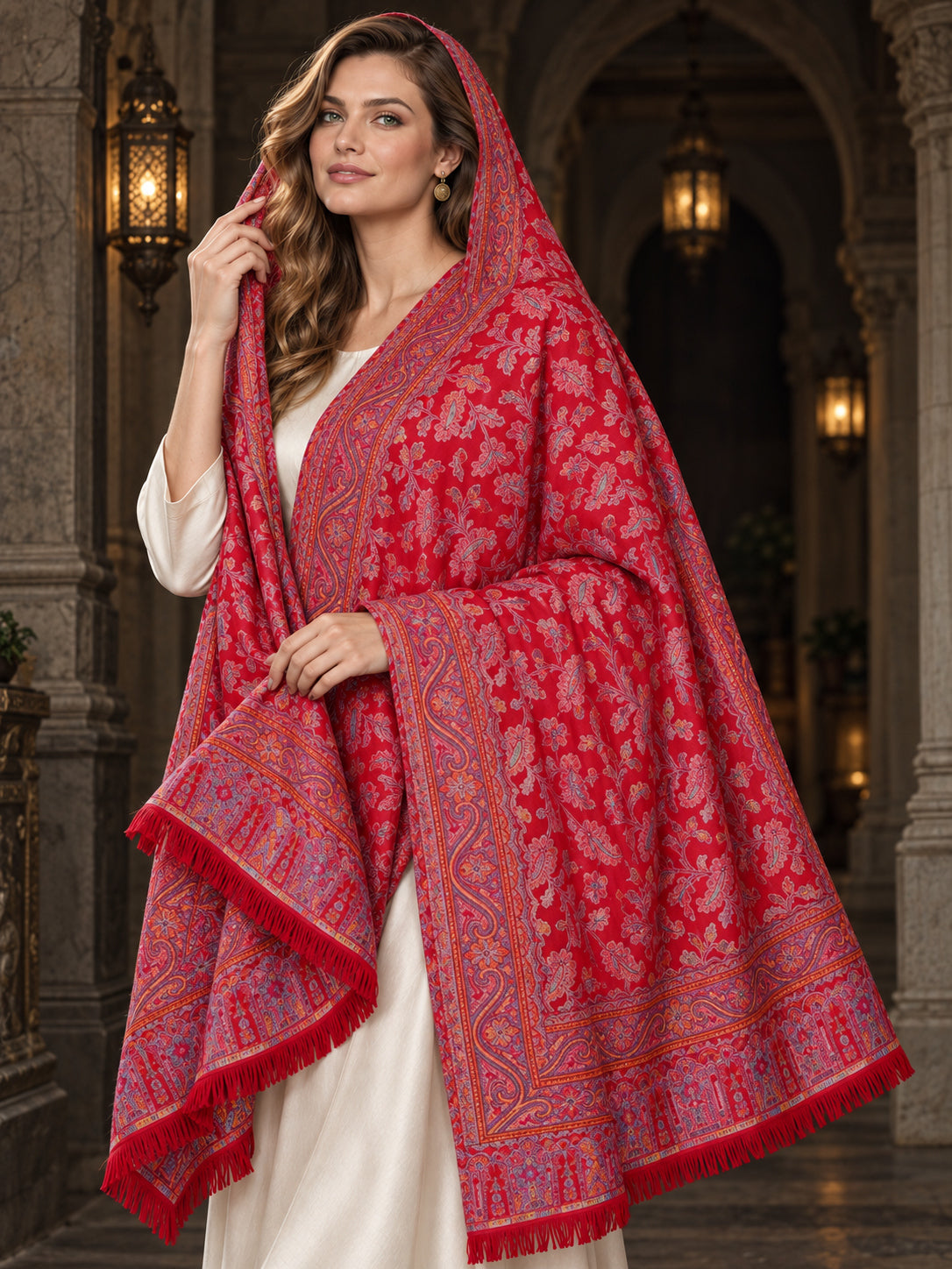 RED Kani shawl — luxury model styling 4 with detailed floral weave and paisley borders | WV-401-RED-4
